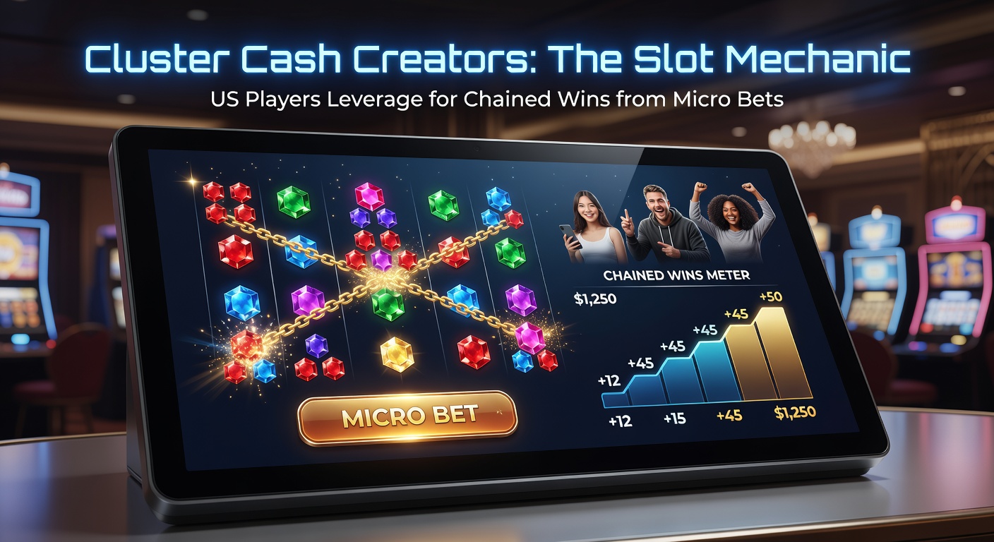 Animated graphic of cascading symbol clusters exploding on a slot grid, illustrating chained win mechanics with multipliers building