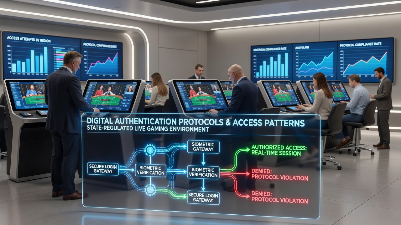 Live gaming dashboard displaying real-time authentication status and session access metrics