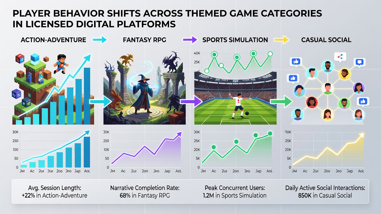 Analytics dashboard displaying player behavior metrics across different game themes including session length and category preference charts