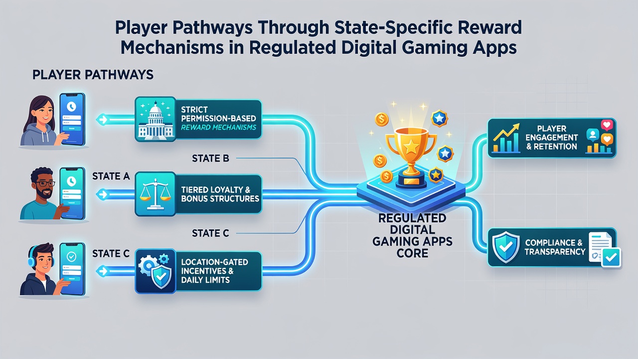 Detailed diagram showing state-specific reward tiers and player navigation routes in regulated gaming applications