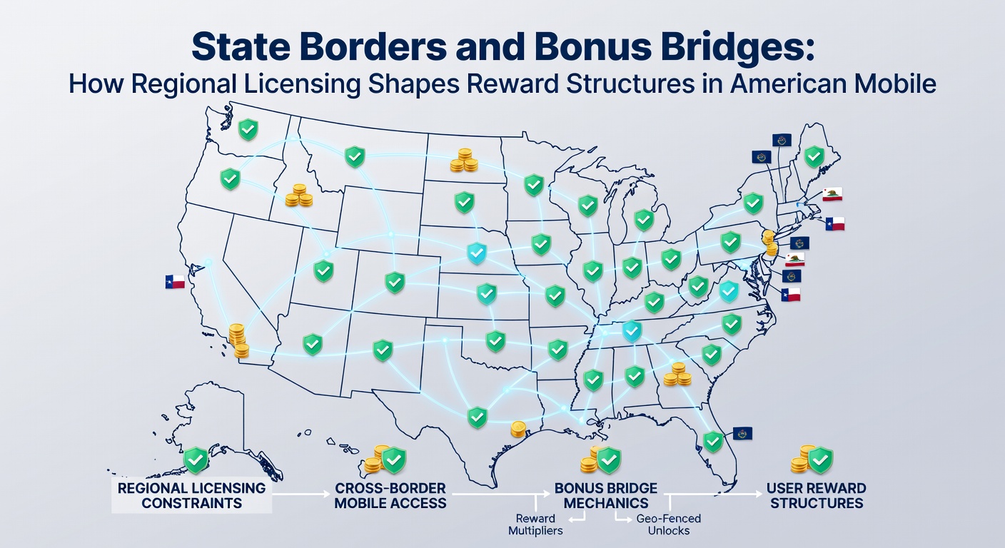 Illustration of mobile gaming interface showing state-specific bonus offers and licensing compliance indicators