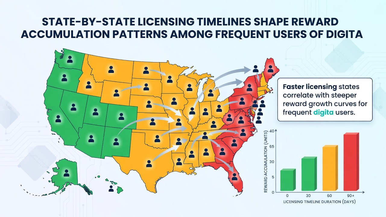 Infographic displaying timeline graphics of state licensing processes alongside reward point accumulation charts for digital slot users