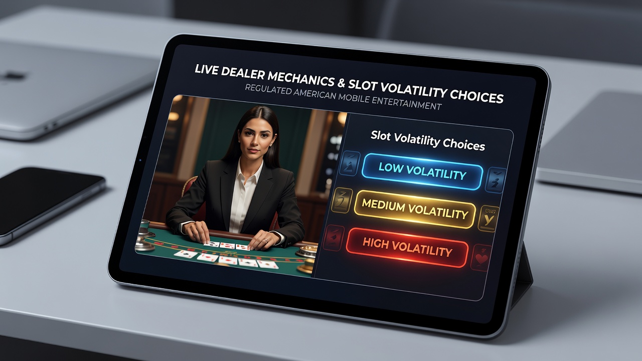 Split view of regulated mobile app showing live dealer roulette wheel on one side and high-volatility slot reels on the other