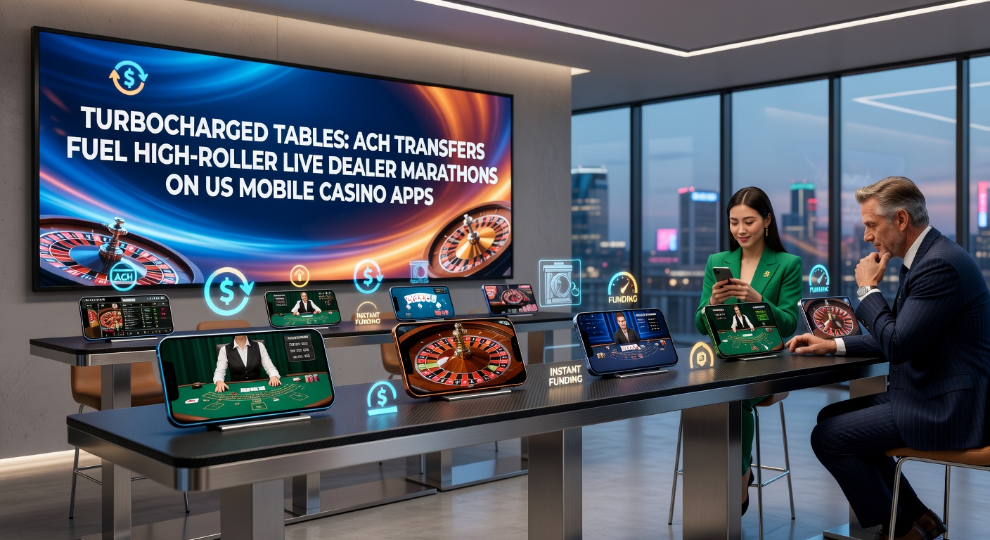 Close-up of an ACH bank transfer confirmation on a mobile casino app dashboard, next to a live dealer roulette wheel in action